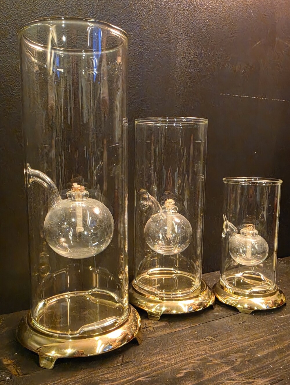 Vintage Wolfard Glass Oil Lamps Set of 3 Trio w/ Brass Bases 12" 9" 6" MCM